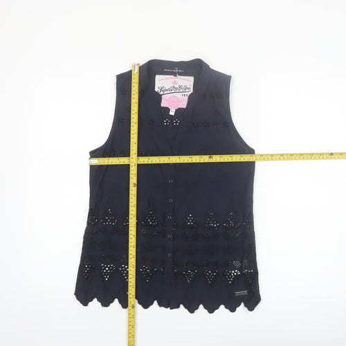 Superdry Women Blue Sleeveless Cotton Broderie Blouse XS