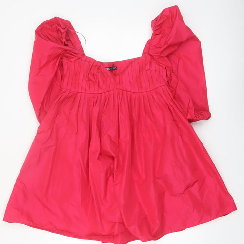 ZARA Women Red A-Line Puff Sleeve Short Pleated Dress XS