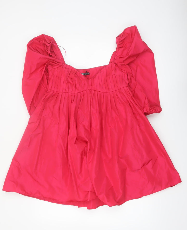 ZARA Women Red A-Line Puff Sleeve Short Pleated Dress XS