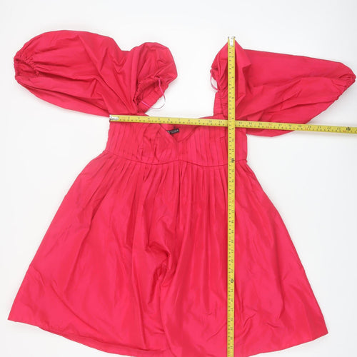 ZARA Women Red A-Line Puff Sleeve Short Pleated Dress XS