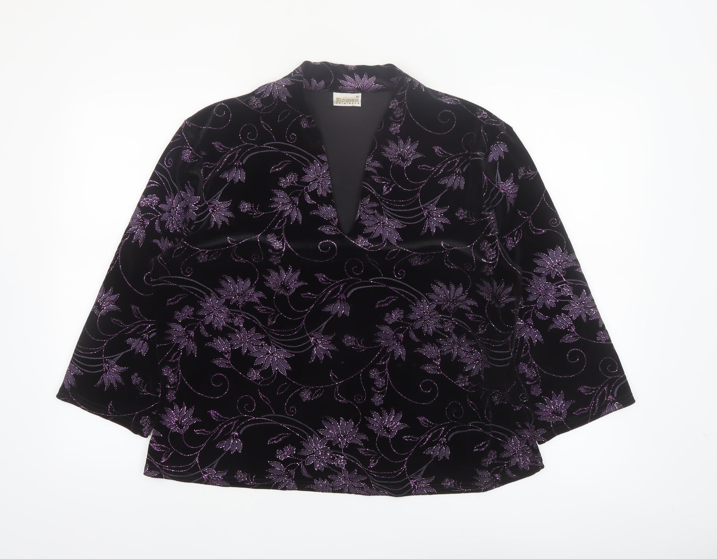 Roman Originals Womens Black Purple Velvet Floral Tunic Blouse XL