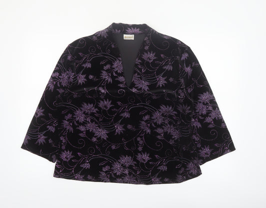 Roman Originals Womens Black Purple Velvet Floral Tunic Blouse XL