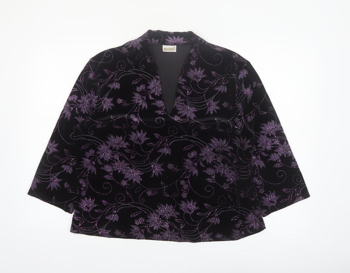 Roman Originals Womens Black Purple Velvet Floral Tunic Blouse XL