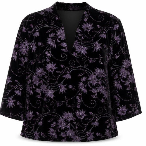 Roman Originals Womens Black Purple Velvet Floral Tunic Blouse XL