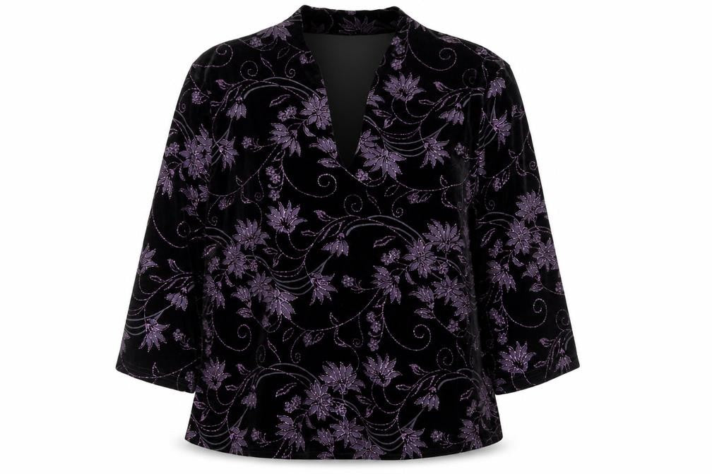 Roman Originals Womens Black Purple Velvet Floral Tunic Blouse XL