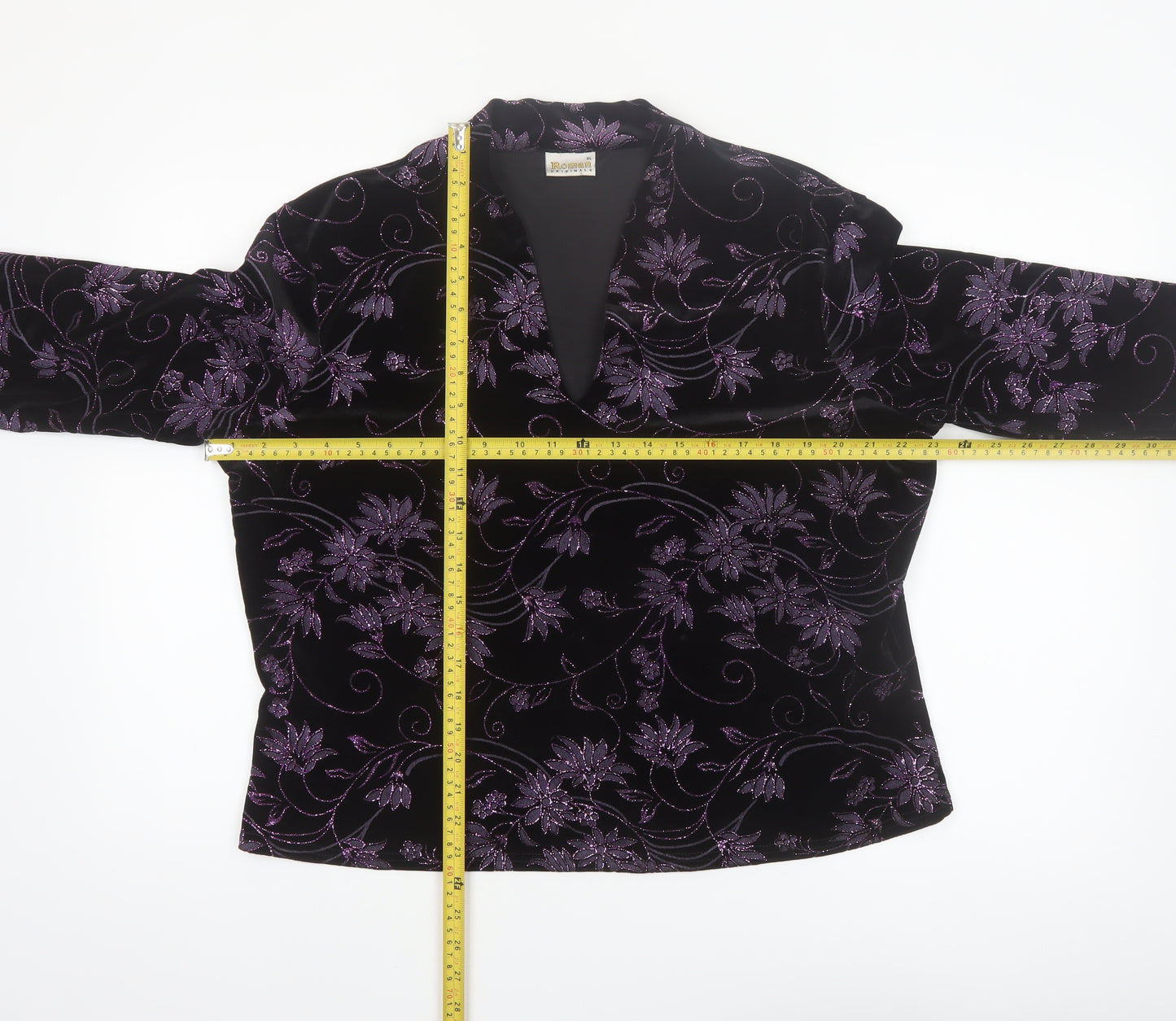 Roman Originals Womens Black Purple Velvet Floral Tunic Blouse XL
