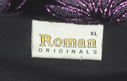 Roman Originals Womens Black Purple Velvet Floral Tunic Blouse XL