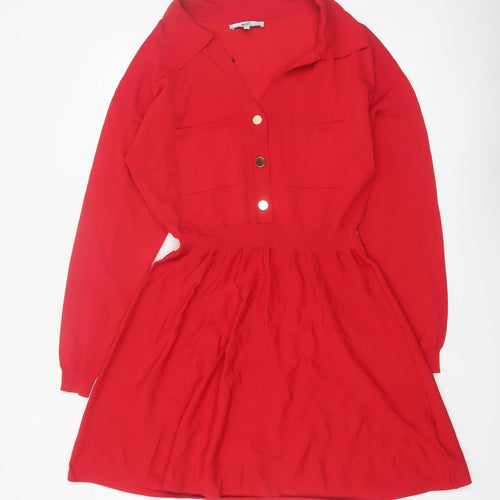 NEXT Women’s Red Collared Shirt Dress L Long Sleeve Knit