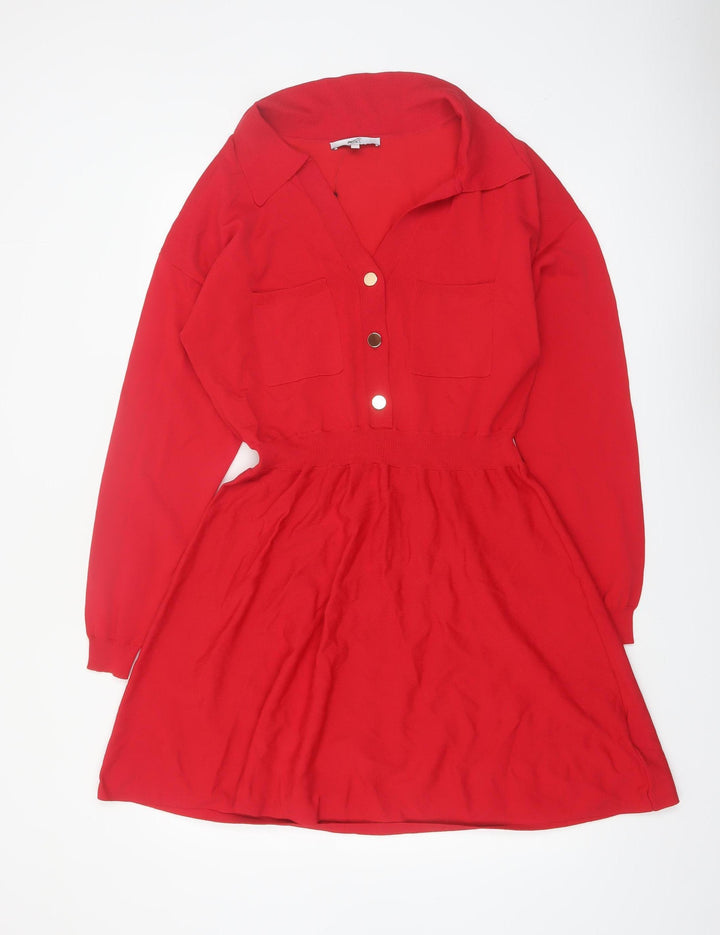 NEXT Women’s Red Collared Shirt Dress L Long Sleeve Knit