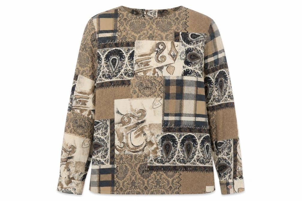 Front view of Alfred Dunner Women's Beige Paisley Patchwork Long Sleeve Tunic Blouse, size 10