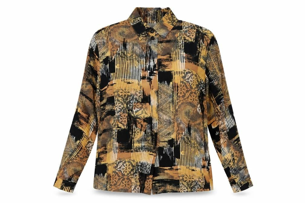 Front view of San Remo Women's Multicoloured Geometric Blouse, size 10, Vintage Viscose
