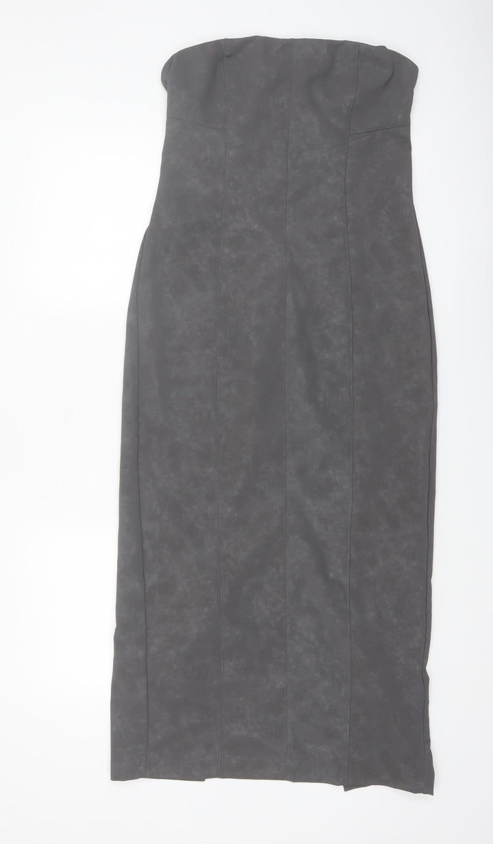 Bershka Women's Grey Faux Leather Strapless Bodycon Midi Dress Size 12