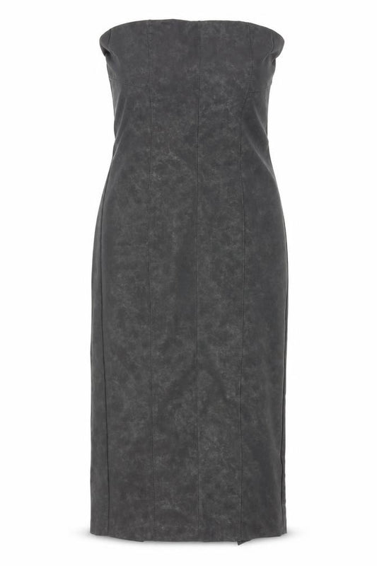 Front view of Bershka Women's Grey Faux Leather Strapless Bodycon Midi Dress, size 12