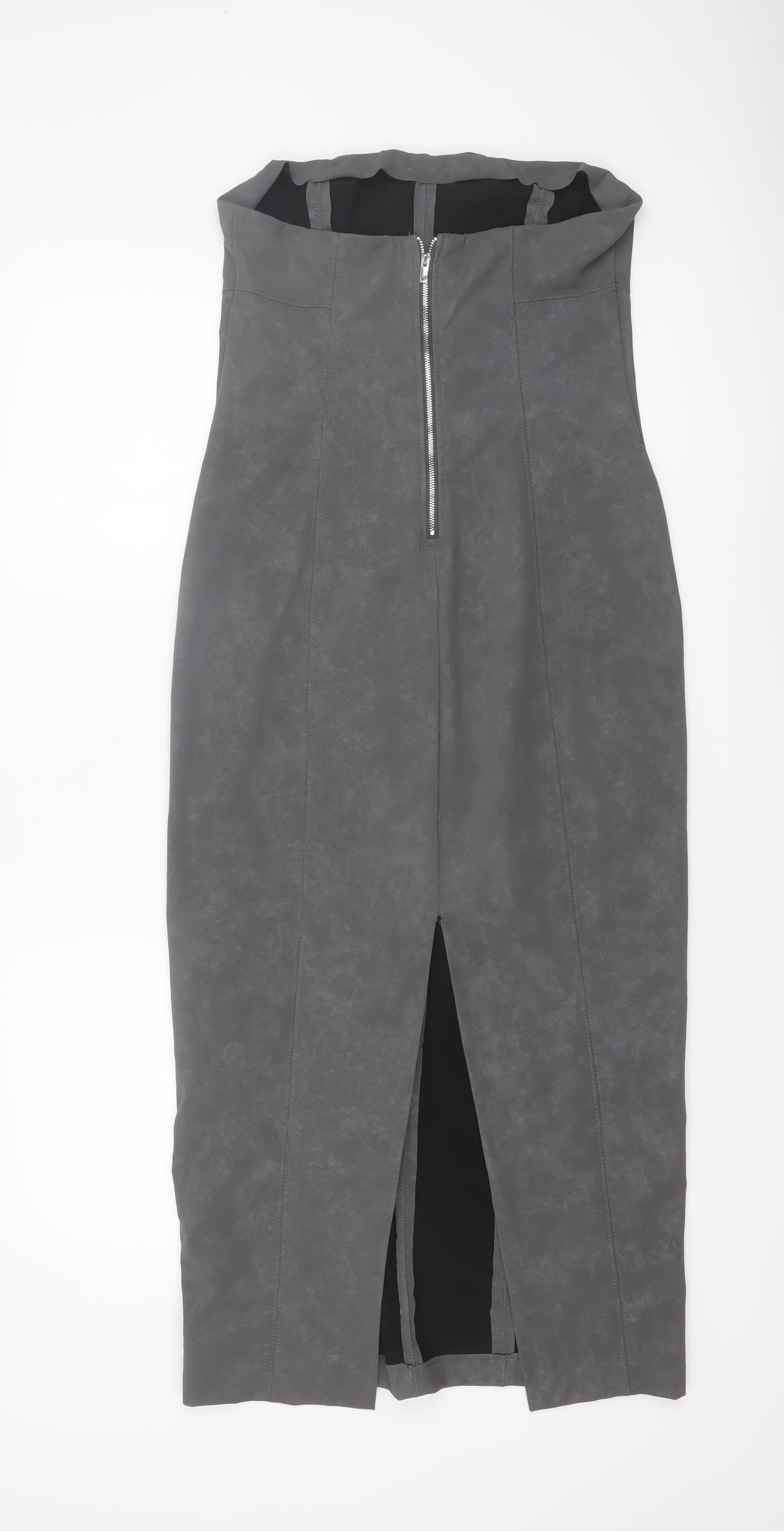 Bershka Women's Grey Faux Leather Strapless Bodycon Midi Dress Size 12