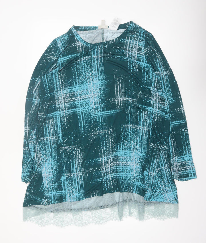 Logo by Lori Goldstein Womens Blue Check Lace Hem Tunic Top 3XL