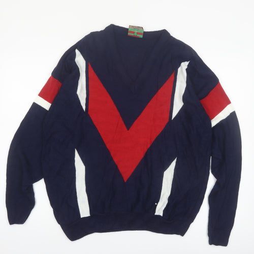 Di Maggio Men's Blue Red V-Neck Geometric Acrylic Jumper M