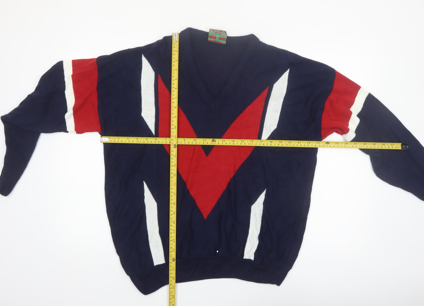 Di Maggio Men's Blue Red V-Neck Geometric Acrylic Jumper M