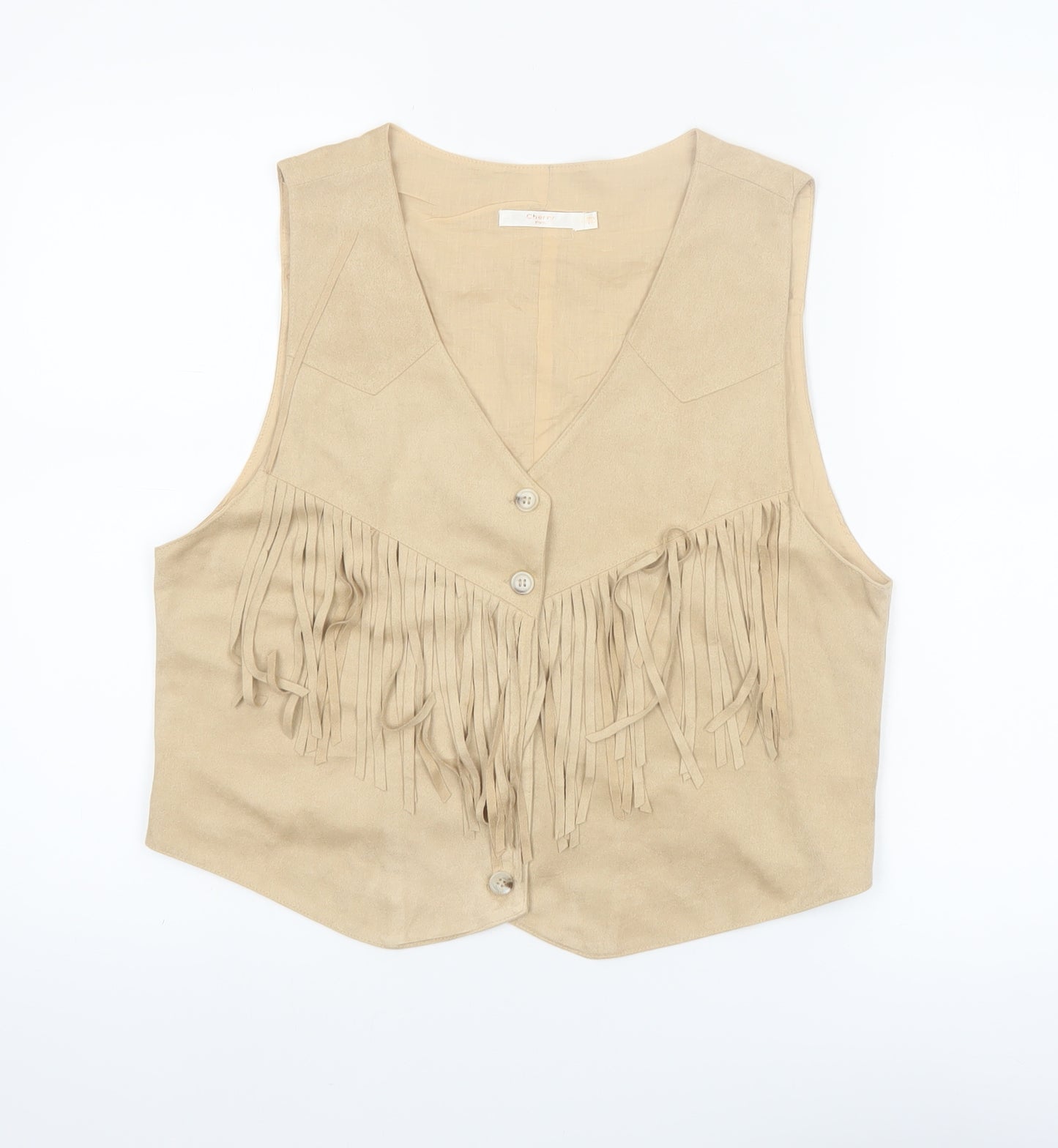 Cherry Paris Women’s Beige Fringe Suede Look Sleeveless Vest Top L