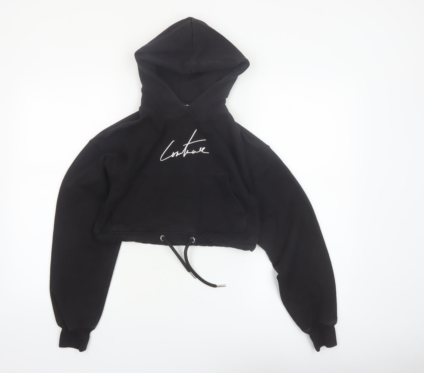 The Couture Club Women's Black Cropped Hoodie XXS Drawstring Cotton Blend