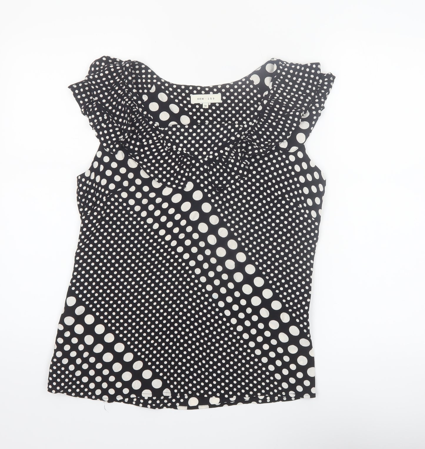 Kew 159 Women Black Polka Dot Sleeveless Ruffle Tunic Blouse Size 10
