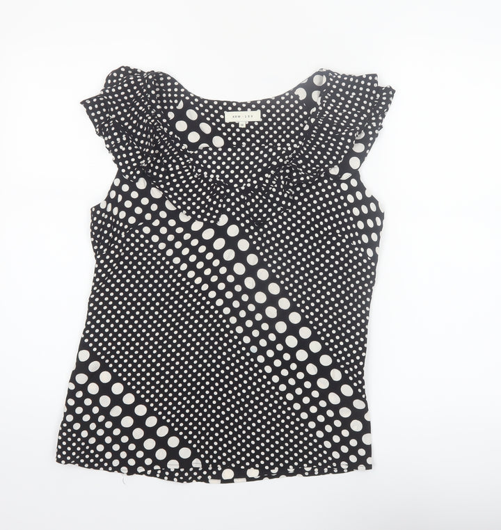 Kew 159 Women Black Polka Dot Sleeveless Ruffle Tunic Blouse Size 10