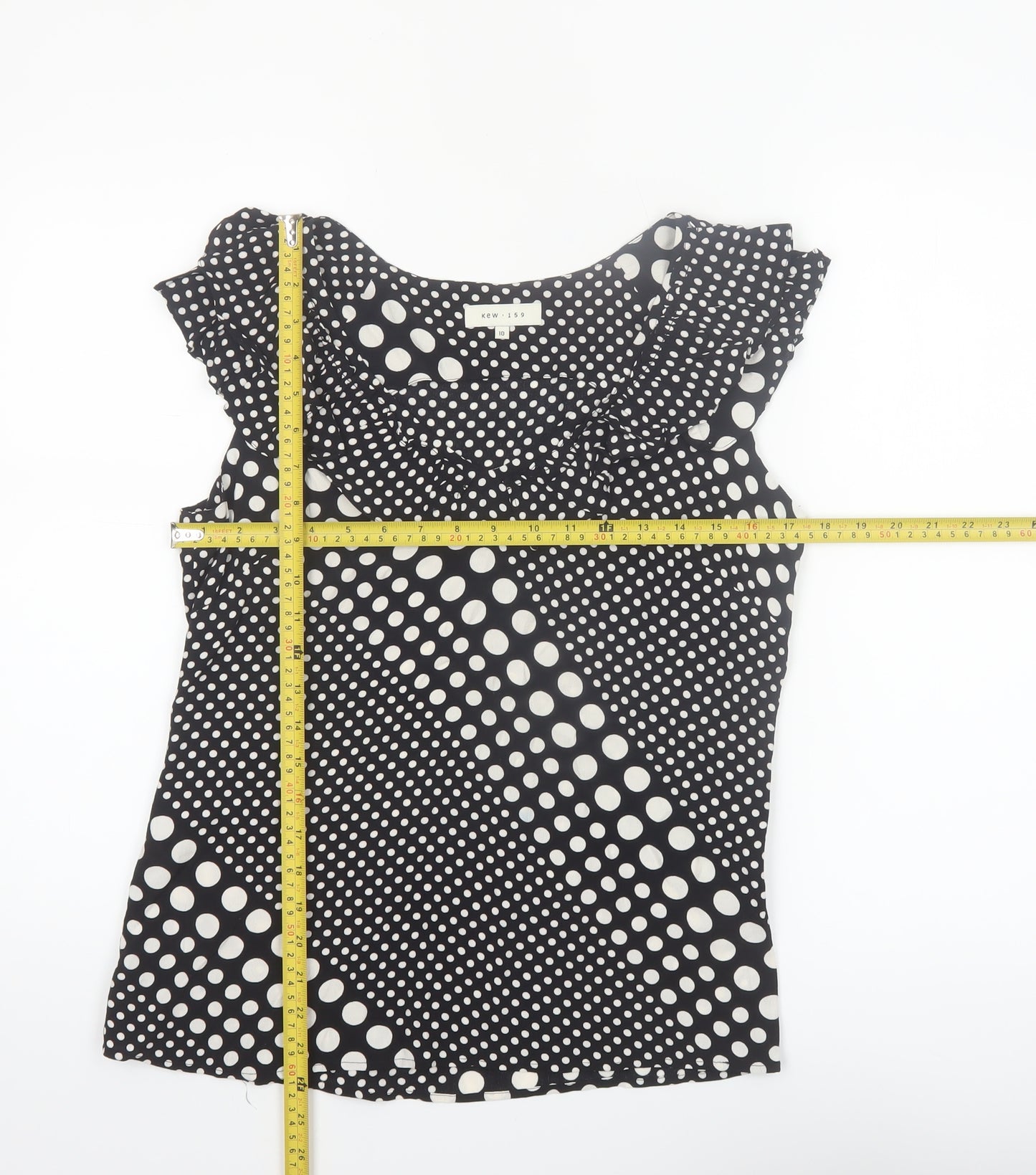 Kew 159 Women Black Polka Dot Sleeveless Ruffle Tunic Blouse Size 10