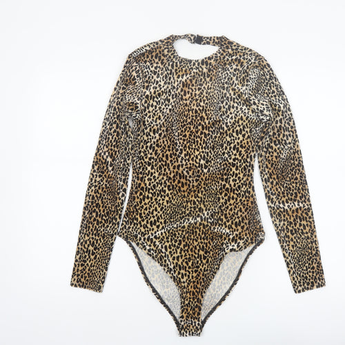 H&M Divided Women's Beige Leopard Print Long Sleeve Bodysuit Size 10 Polyester Blend