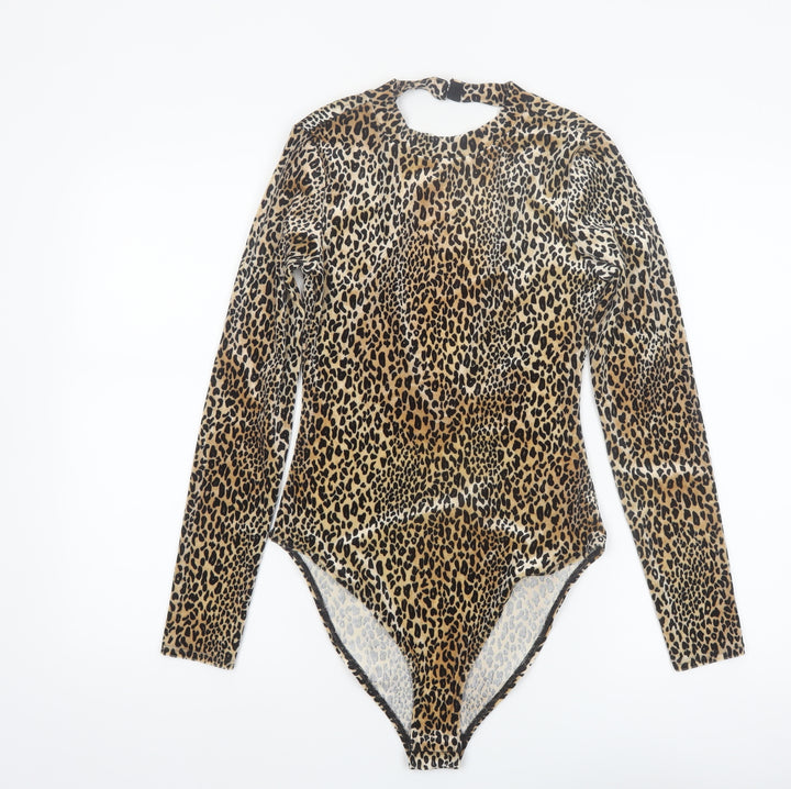 H&M Divided Women's Beige Leopard Print Long Sleeve Bodysuit Size 10 Polyester Blend