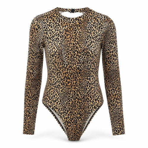 H&M Divided Women's Beige Leopard Print Long Sleeve Bodysuit Size 10 Polyester Blend