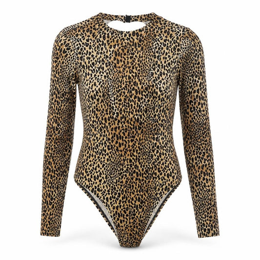 H&M Divided Women's Beige Leopard Print Long Sleeve Bodysuit Size 10 Polyester Blend