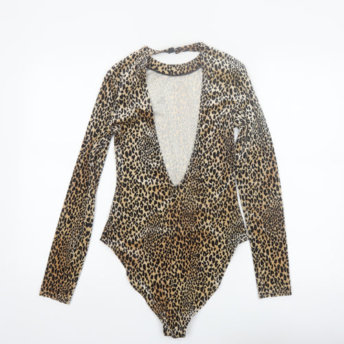 H&M Divided Women's Beige Leopard Print Long Sleeve Bodysuit Size 10 Polyester Blend