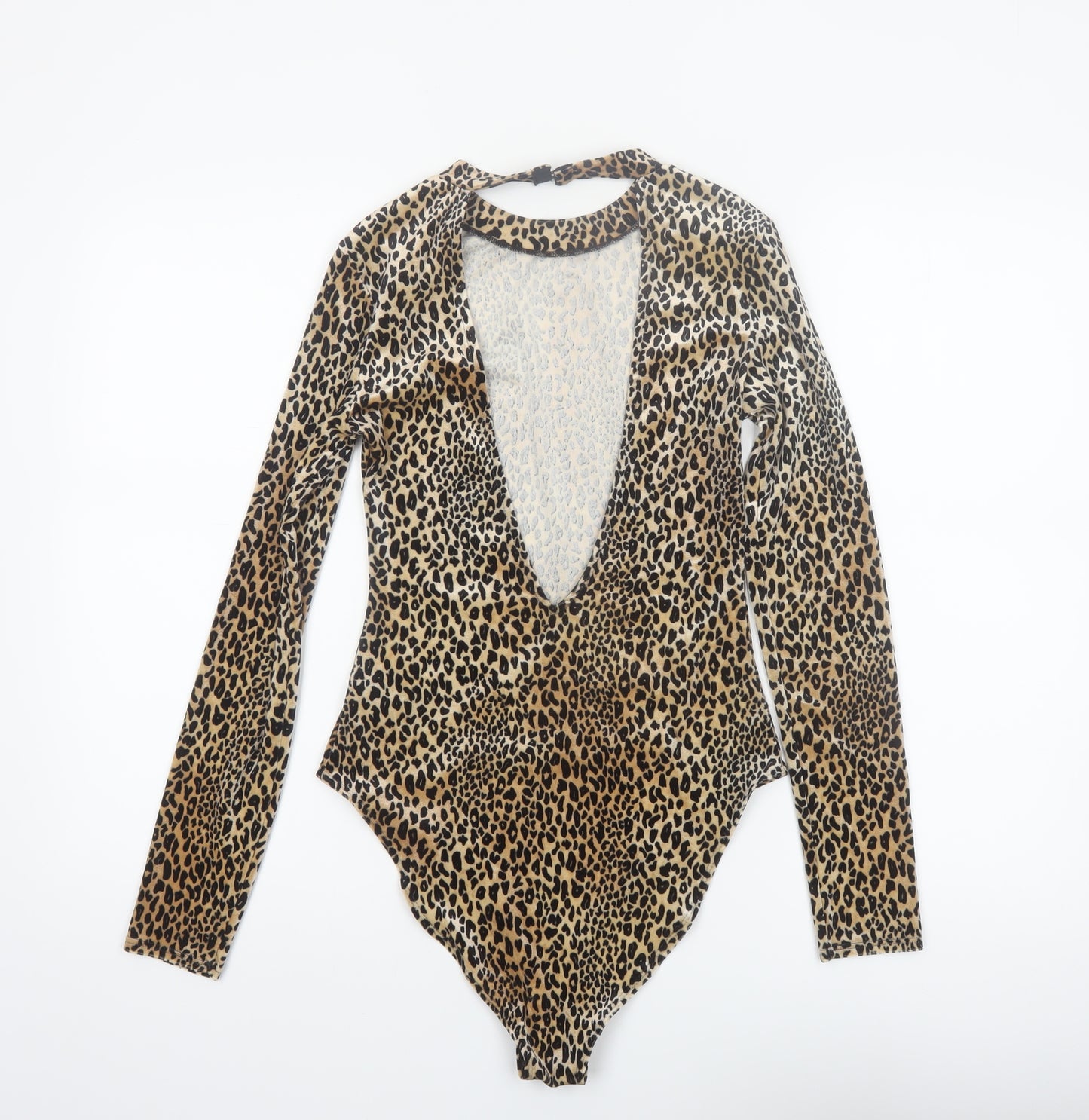 H&M Divided Women's Beige Leopard Print Long Sleeve Bodysuit Size 10 Polyester Blend