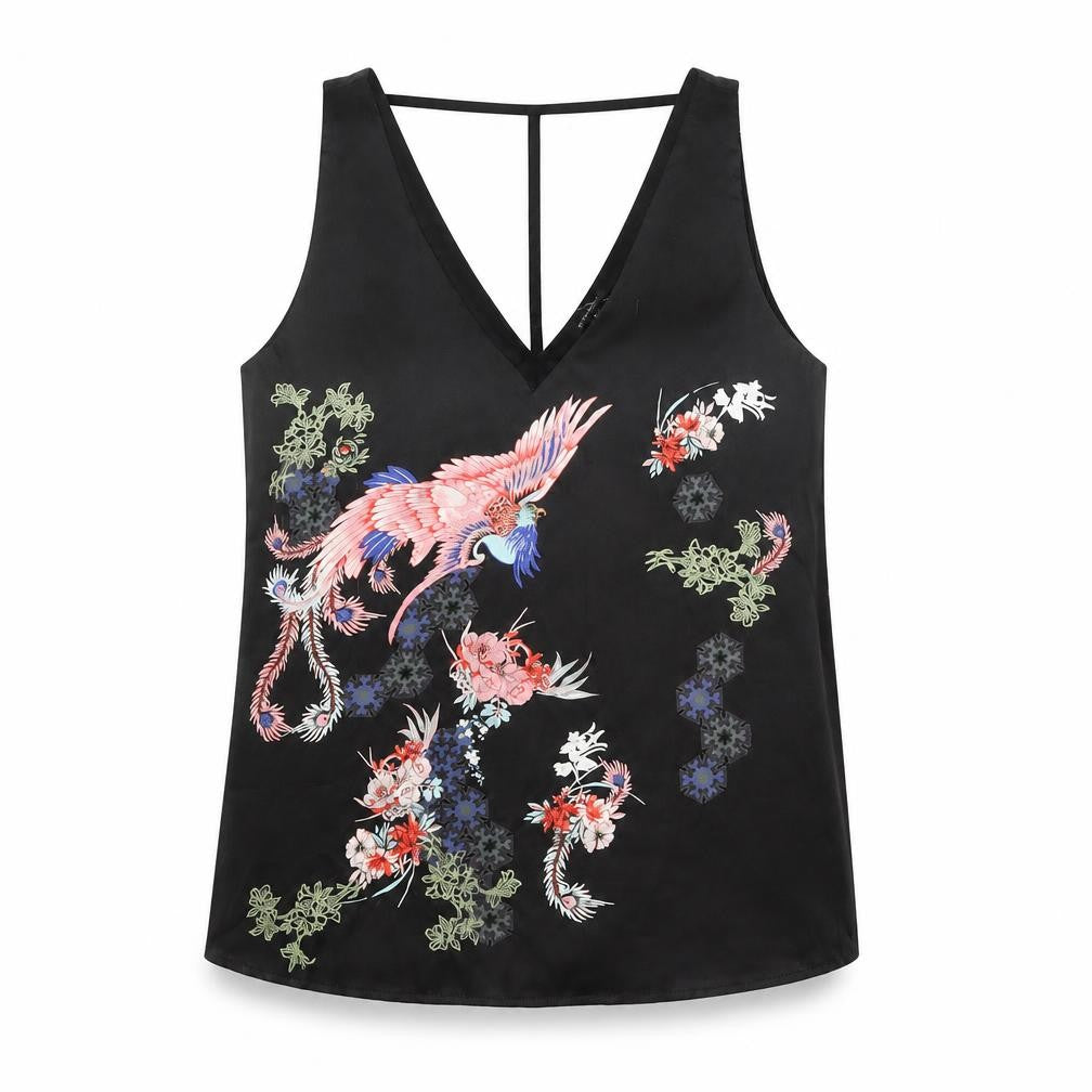 Front view of River Island women’s black floral satin camisole top, size UK 6