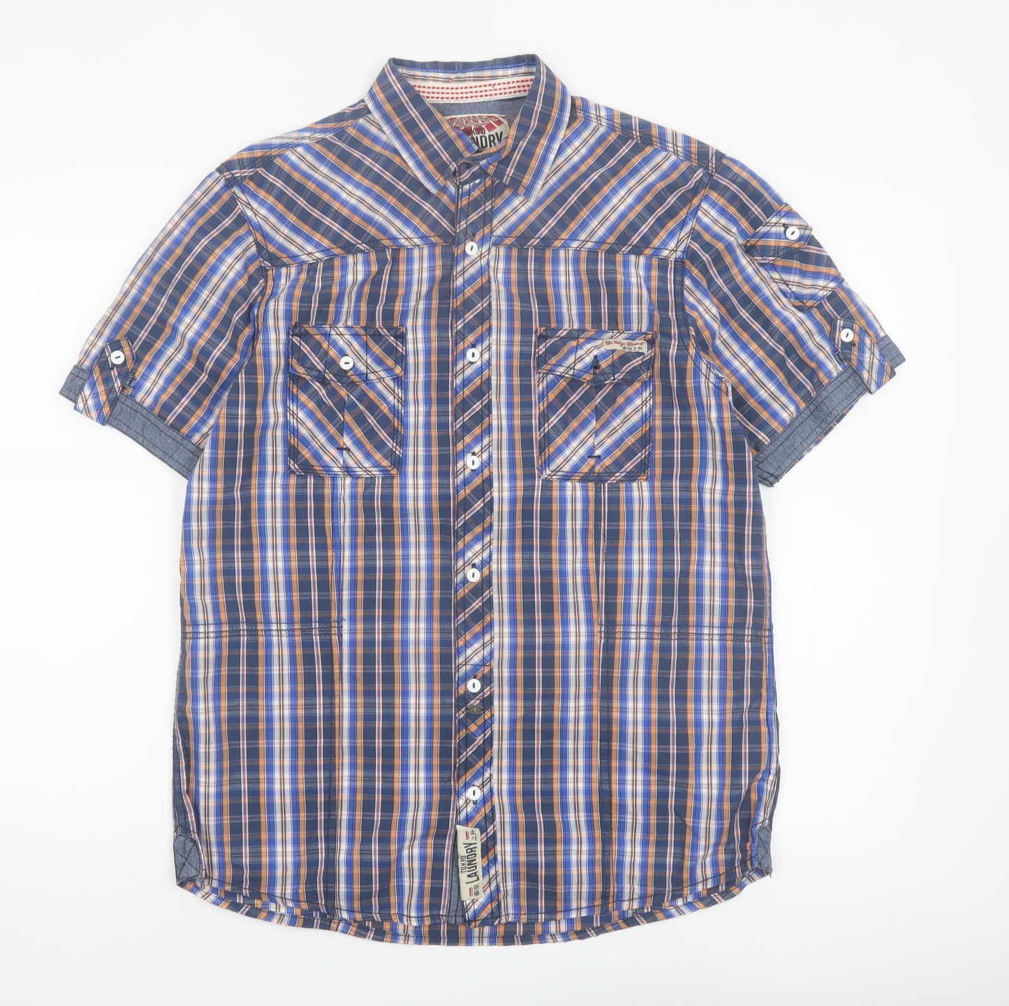 Tokyo Laundry Men's Blue Check Short Sleeve Cotton Button-Up Shirt Medium