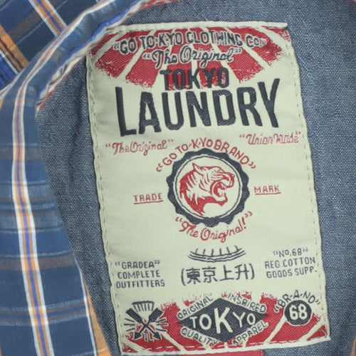 Tokyo Laundry Men's Blue Check Short Sleeve Cotton Button-Up Shirt Medium