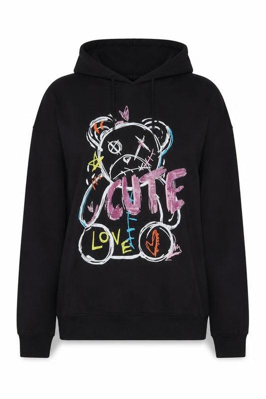 Front view of Stylewise women’s black xs pullover hoodie with cute bear graphic