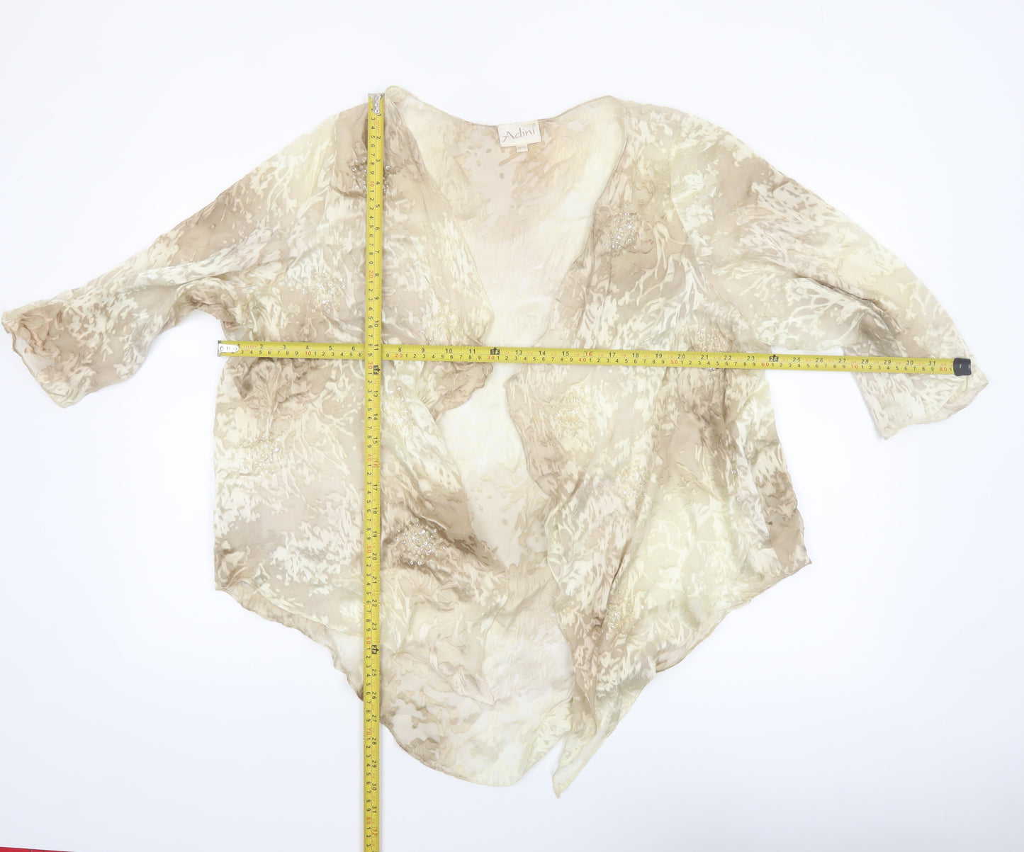 Adini Women’s Beige Silk Kimono Style 3/4 Sleeve Sheer Blouse M