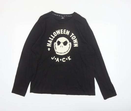 Front view of Tu Men’s Black Halloween Town Jack Long Sleeve Cotton Top, size M