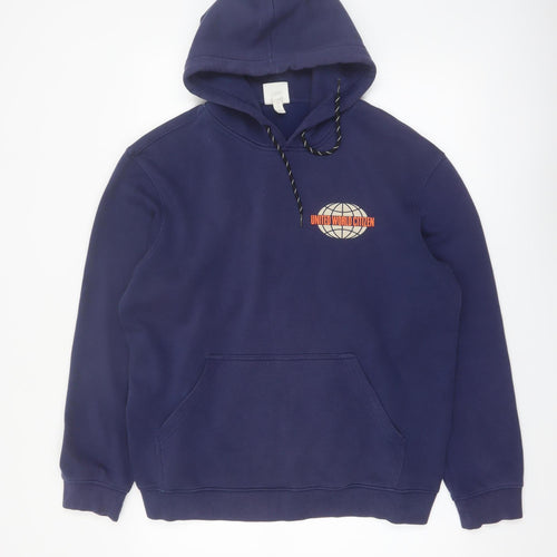 H&M Men Blue Pullover Hoodie M United World Citizen Logo