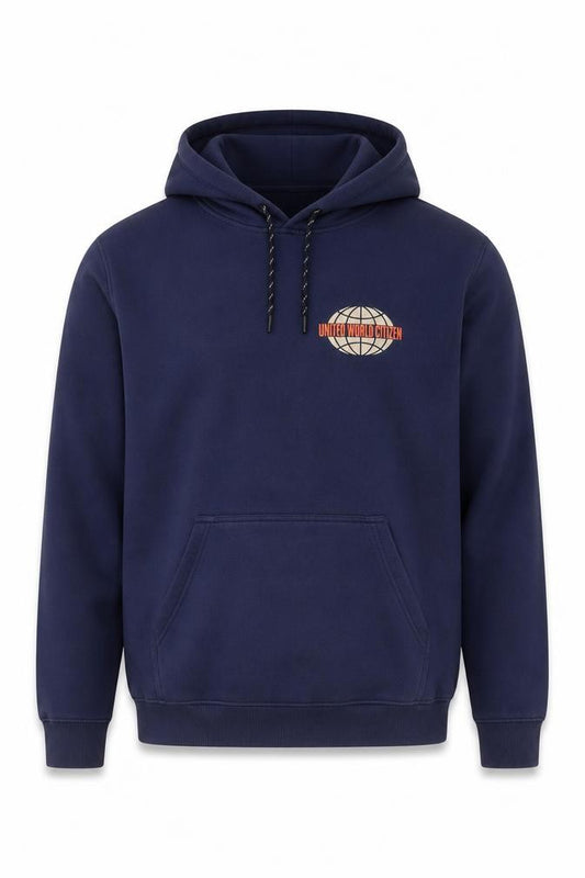 Front view of H&M Men Blue Pullover Hoodie M United World Citizen Logo