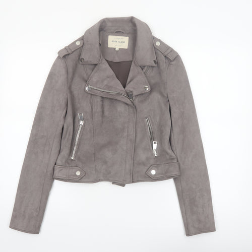 River Island Women's Grey Suede Biker Jacket Size 10 Slim Fit