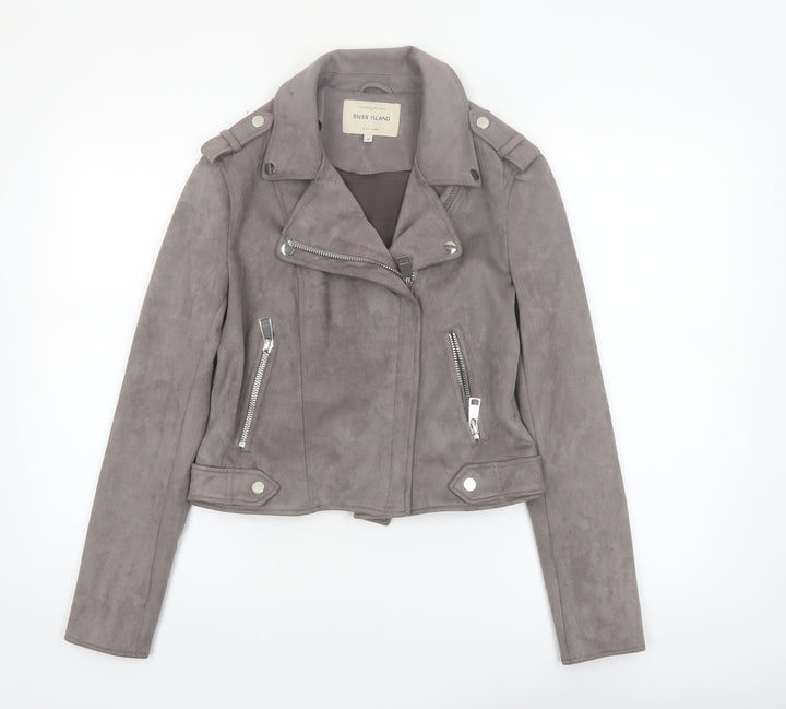 River Island Women's Grey Suede Biker Jacket Size 10 Slim Fit