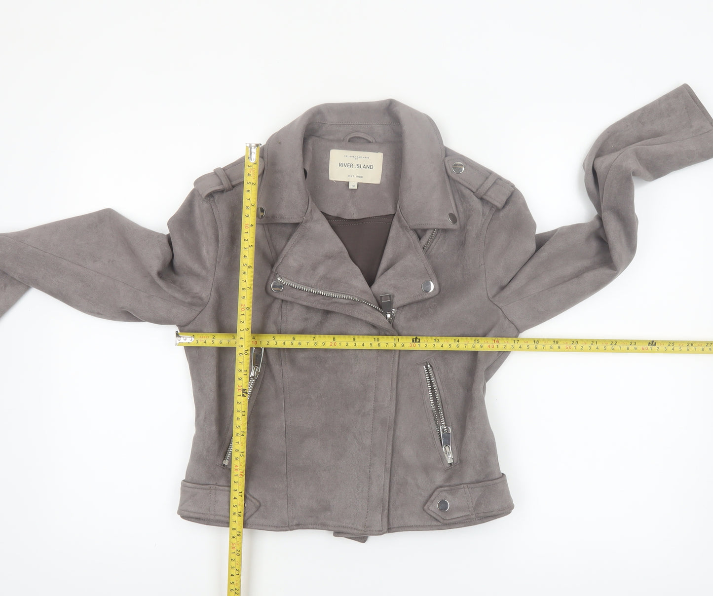 River Island Women's Grey Suede Biker Jacket Size 10 Slim Fit