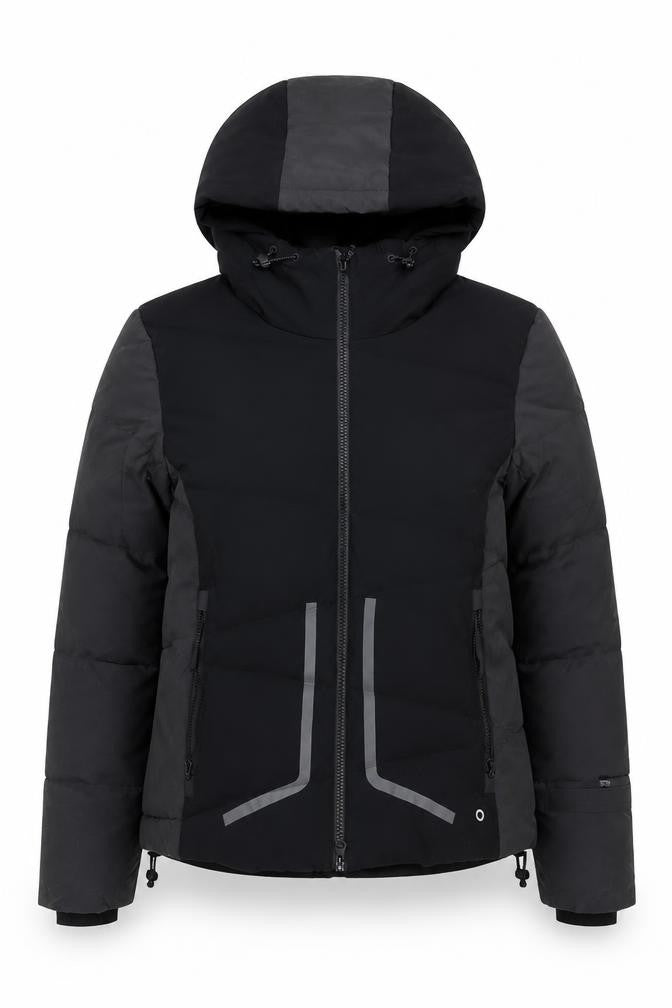 Front view of Marks & Spencer women’s black puffer jacket, size UK 12, hooded winter coat