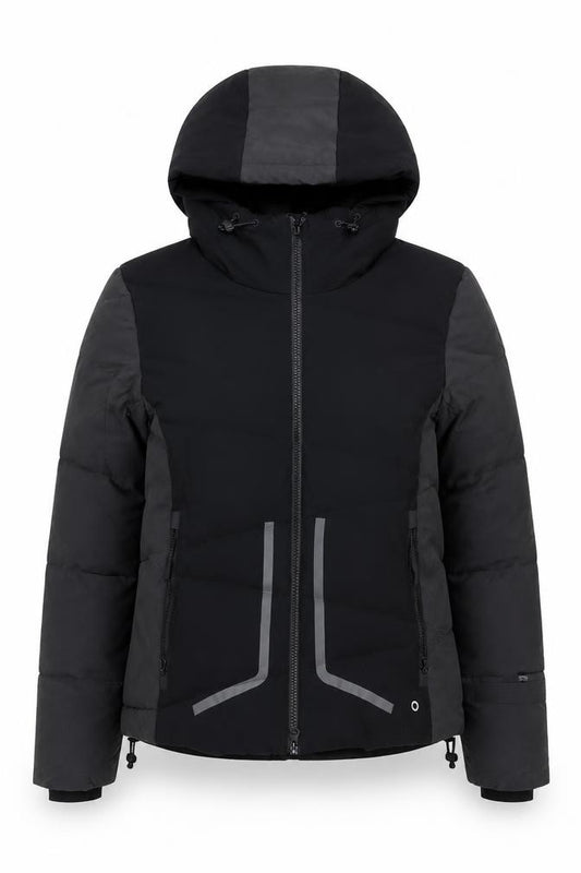 Front view of Marks & Spencer women’s black puffer jacket, size UK 12, hooded winter coat
