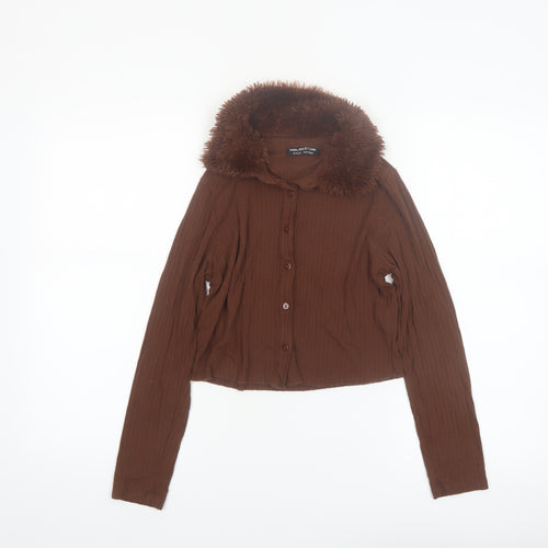 Select Girl Brown Faux Fur Collar Button-Up Long Sleeve Blouse 14 Years