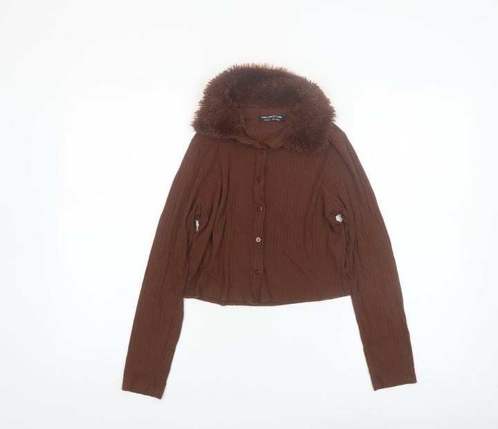 Select Girl Brown Faux Fur Collar Button-Up Long Sleeve Blouse 14 Years