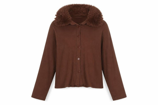 Select Girl Brown Faux Fur Collar Button-Up Long Sleeve Blouse 14 Years