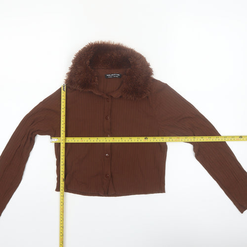 Select Girl Brown Faux Fur Collar Button-Up Long Sleeve Blouse 14 Years