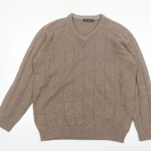 James Pringle Men's Beige Acrylic V-Neck Pullover Jumper L